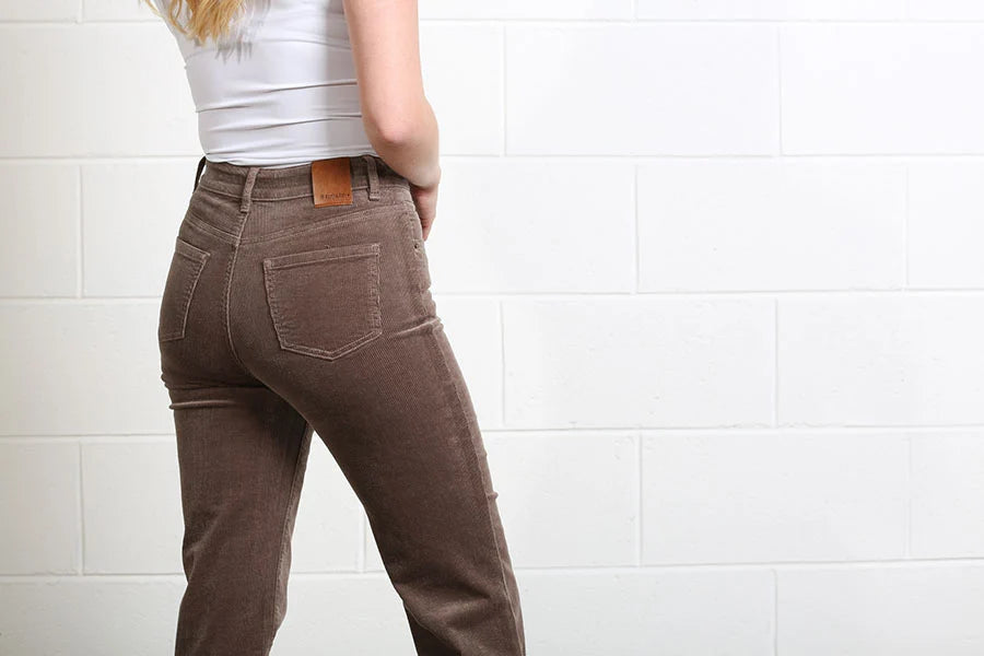 Rant & Rave Emily Wide Leg Cord Taupe trousers, back pocket detail view