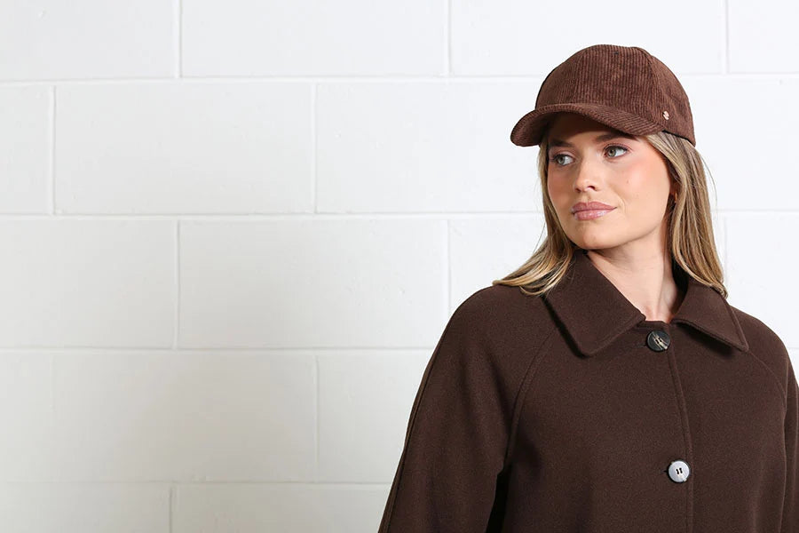 Rant & Rave Georgia Coat in chocolate brown close - up of collar and button front