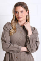 Rant & Rave Hazel Shirt Dress Biscuit in biscuit corduroy, close - up model view showing collar, button placket and sleeve cuffs.