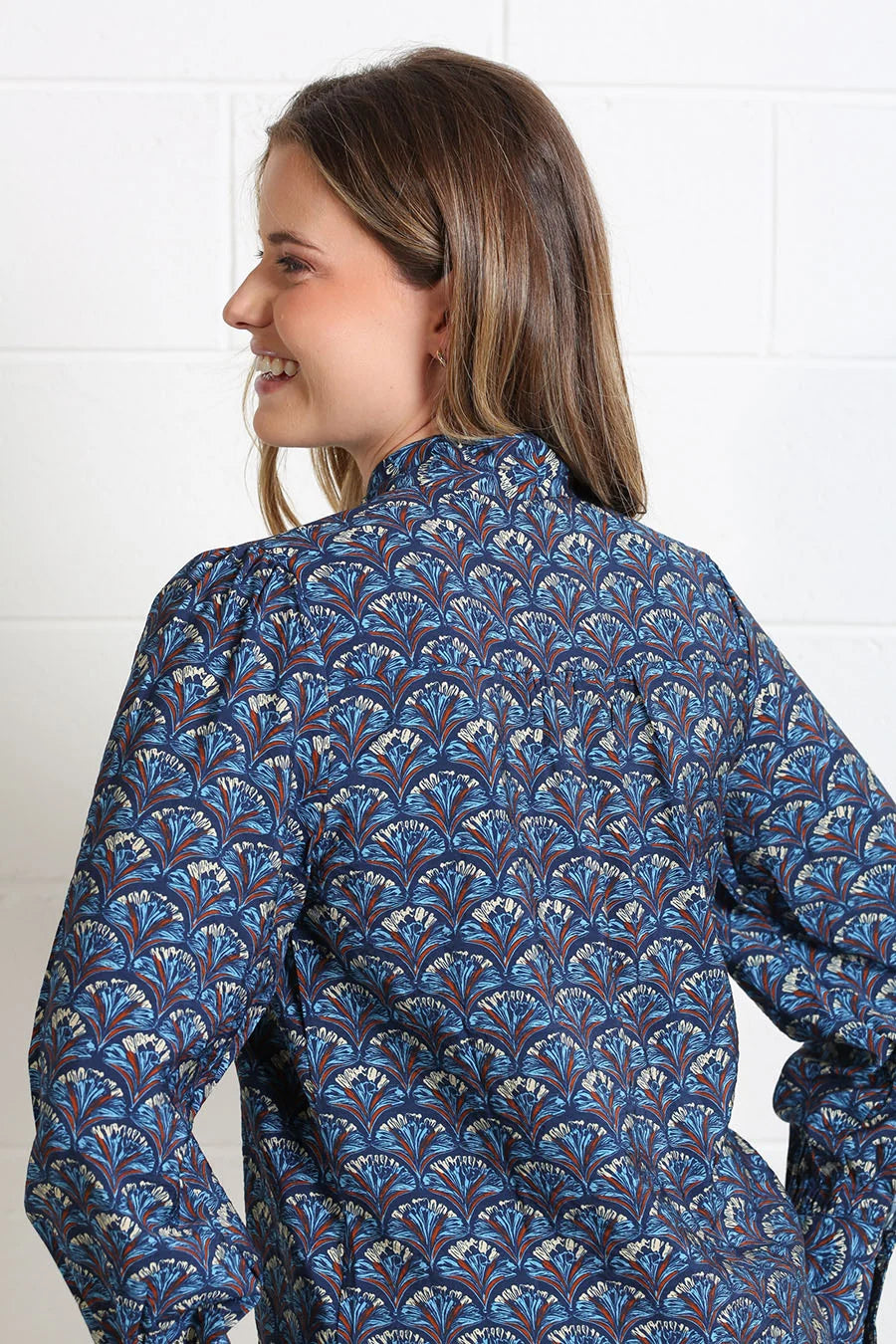 Rant & Rave Isabella Blouse in navy reef print, back model view