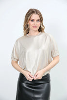 Rant & Rave Jenny Top in gold worn by model, close front view of neckline and short sleeves