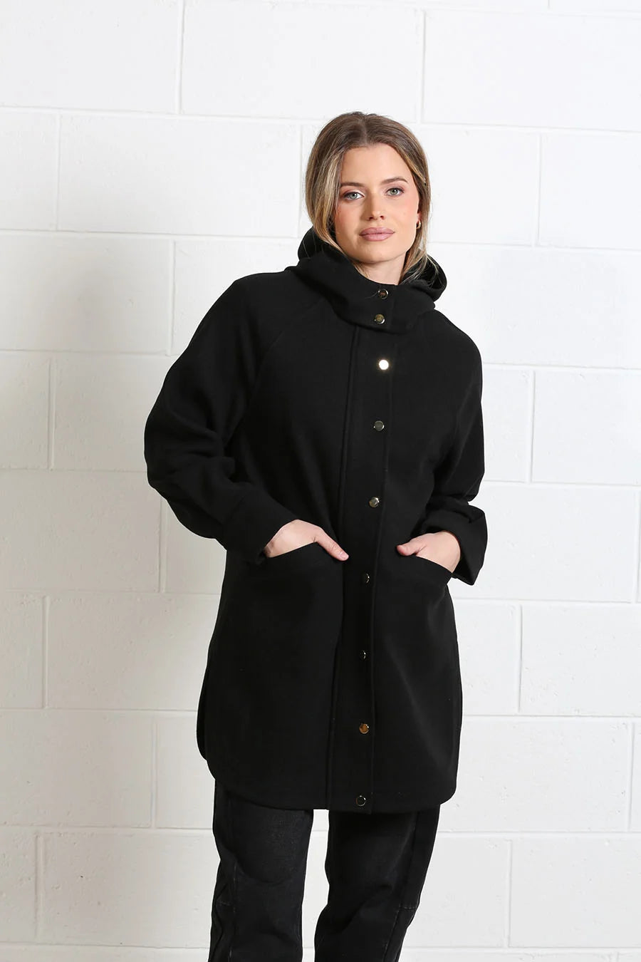 Rant & Rave Joanna Coat in black, front close - up model view