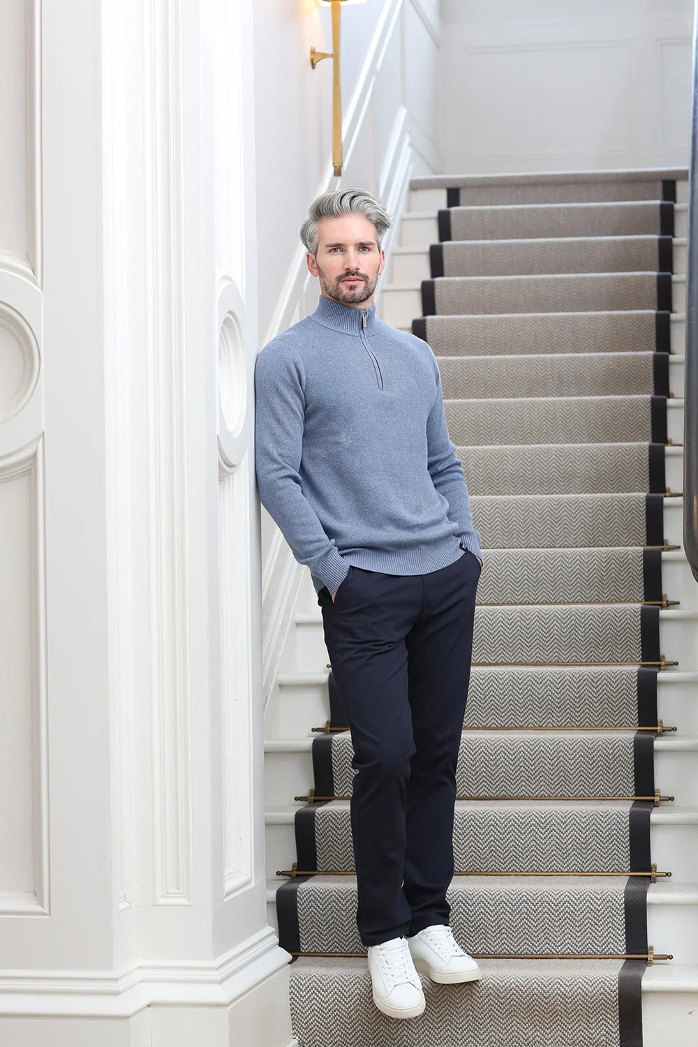 Kenrow Justin half zip jumper in powder blue melange worn by model, full length view