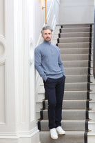 Kenrow Justin half zip jumper in powder blue melange worn by model, full length view