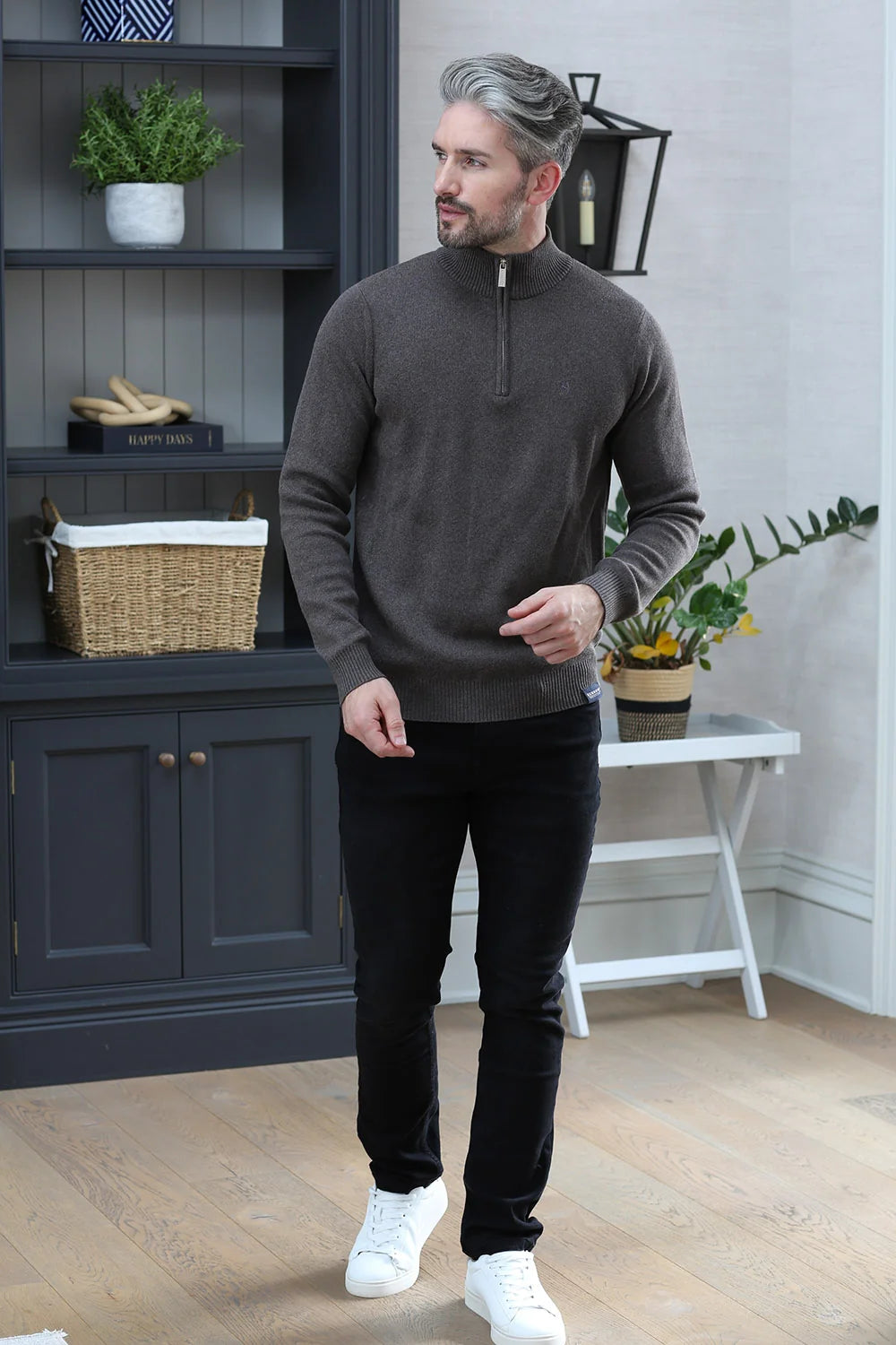 Kenrow Justin Half Zip Stone Melange sweater angled model view looking to the side