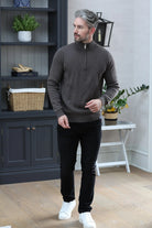 Kenrow Justin Half Zip Stone Melange sweater angled model view looking to the side