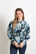 Rant & Rave Leah Top in blue worn by model, front close - up view