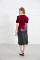 Rant & Rave Matilda Velvet Top Pink, back view worn by model showing short sleeves and smooth velvet back