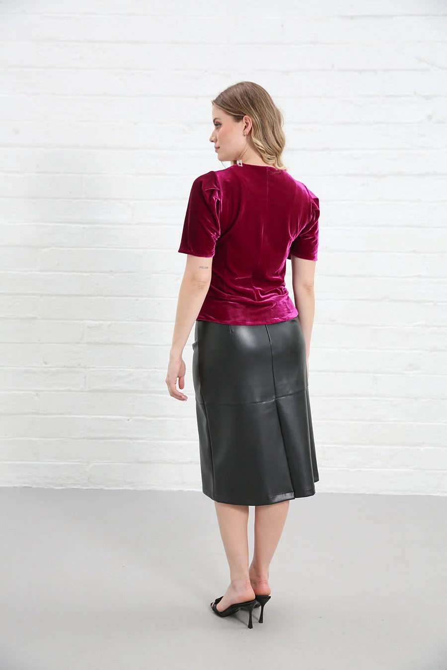 Rant & Rave Matilda Velvet Top Pink, back view worn by model showing short sleeves and smooth velvet back