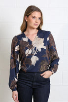 Rant & Rave Mia blue floral blouse worn by model, front mid - length view