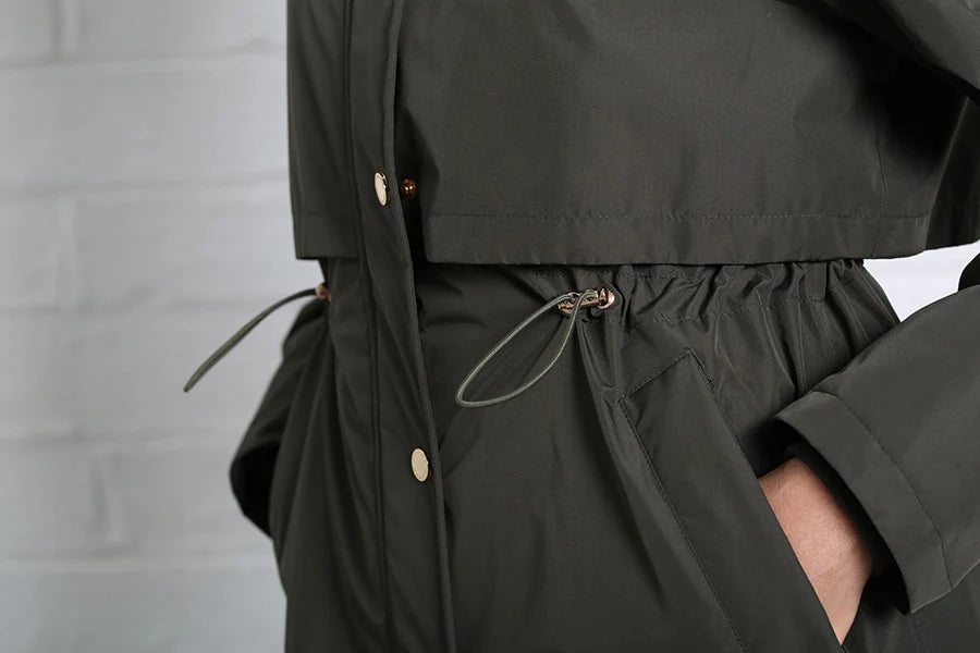 Rant & Rave Relax & Renew Becca jacket in khaki, waist drawcord and pocket detail.