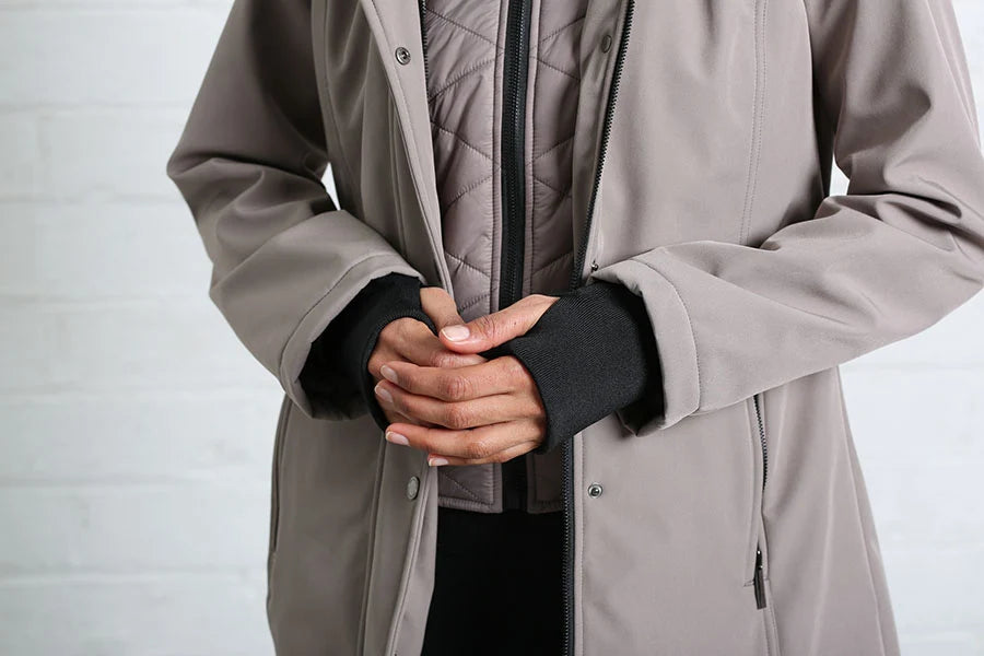 Rant & Rave Relax & Renew Elsie coat in taupe, detail view of cuffs and quilted inner layer