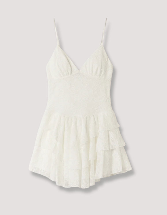Tally Weijl white lace ruffle mini dress, flat front view
