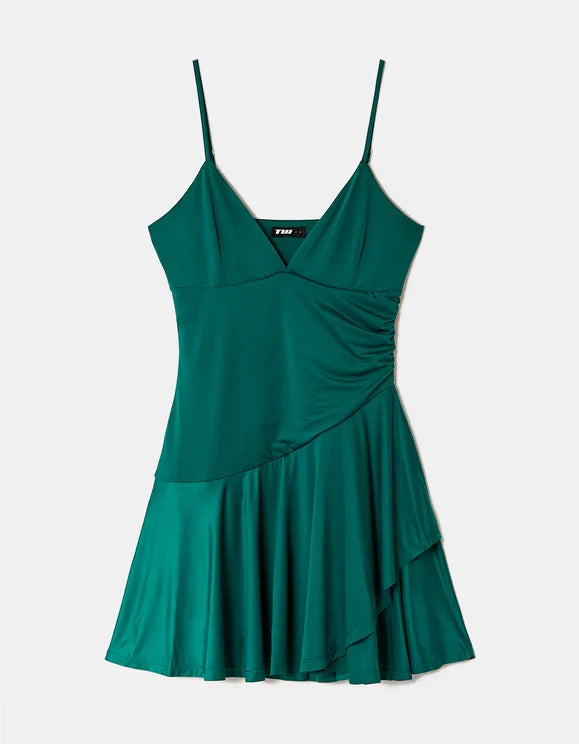 Tally Weijl green mini dress, front view with spaghetti straps, ruched side and layered skirt