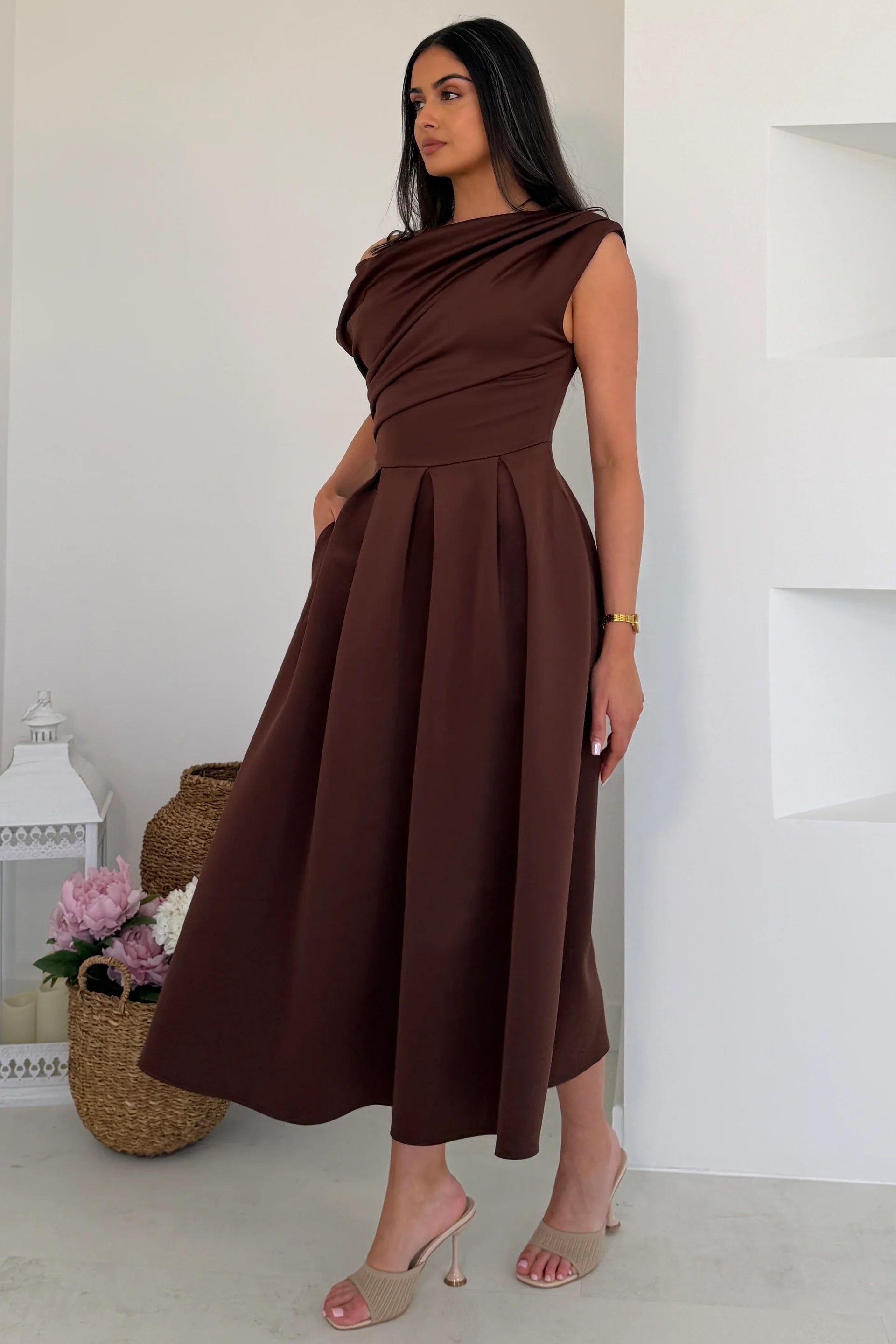 Girl In Mind Betty Asymmetric Neckline Skater Midi Brown in Brown side view