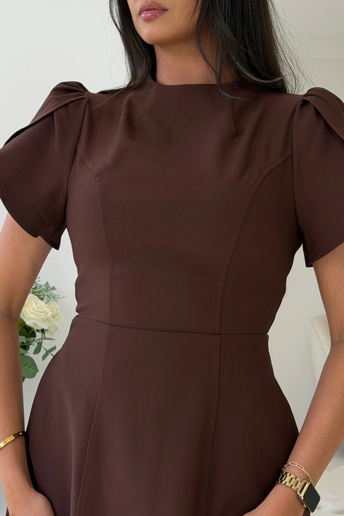 Girl In Mind ami tulip sleeve high neck mini dress in brown, close - up detail of bodice and sleeves