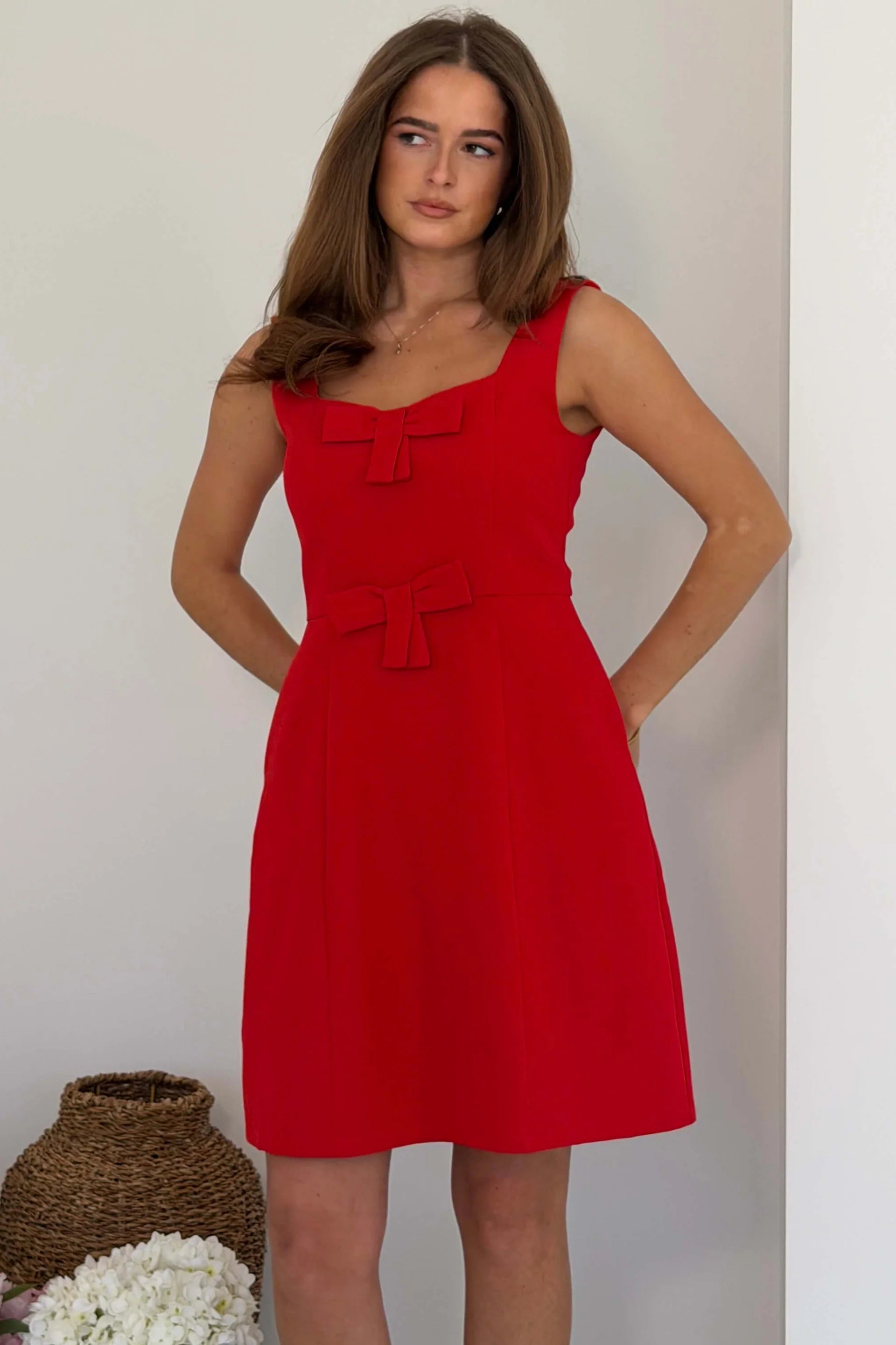 Girl In Mind Nola bow mini dress in red, front model view