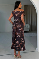 Girl In Mind Betty brown floral asymmetric neckline skater midi dress, back model view