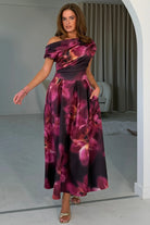 Girl In Mind Betty plum floral skater midi dress, front model view with full skirt