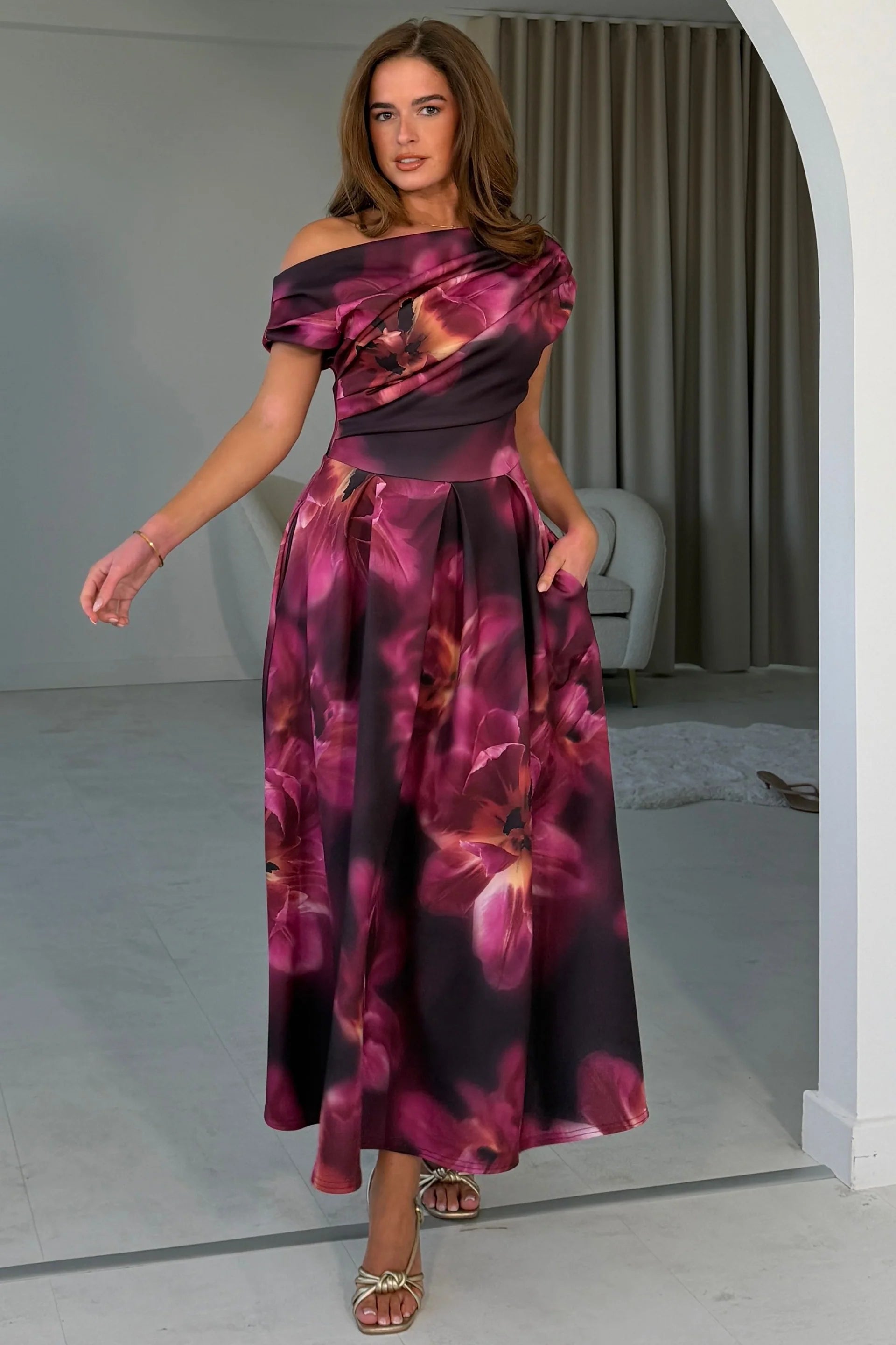 Girl In Mind Betty plum floral skater midi dress, front model view with full skirt