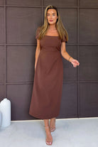 Girl In Mind Valentina brown midi dress, front model view.