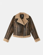 Tally Weijl brown aviator jacket with beige shearling trim, front view