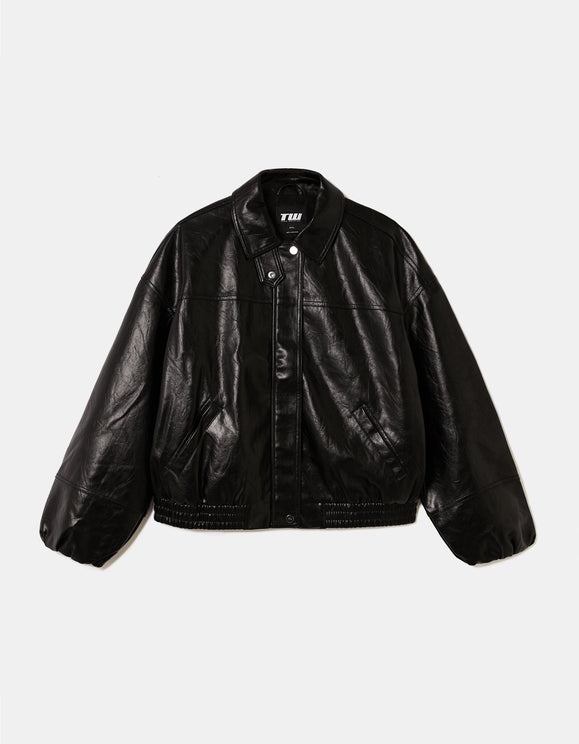 Tally Weijl Black Oversized Faux Leather Jacket, flat front view
