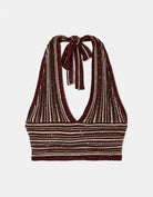 Tally Weijl burgundy and beige sequin knit crop top, front view