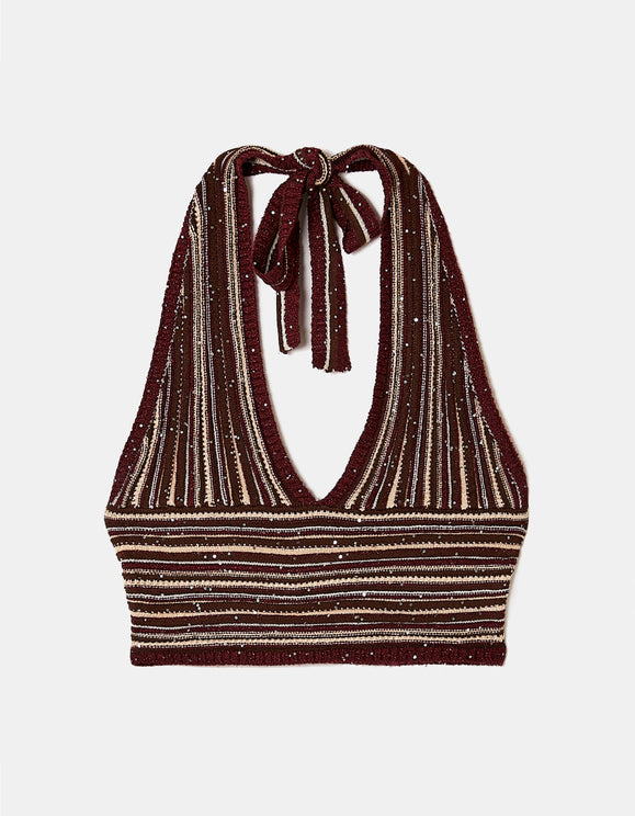 Tally Weijl burgundy and beige sequin knit crop top, front view