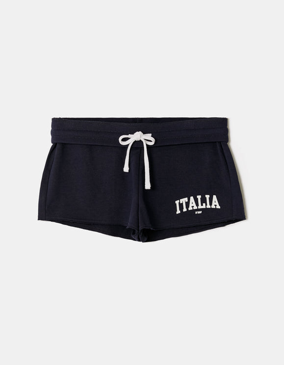 Tally Weijl blue printed shorts with white drawstring, front view
