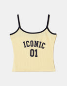 Tally Weijl yellow printed tank top front view with contrast trim and Iconic 01 graphic