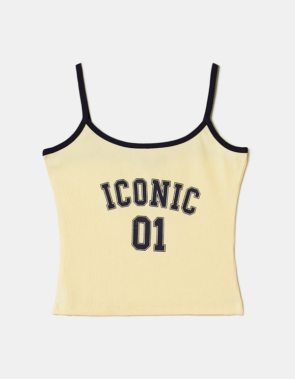 Tally Weijl yellow printed tank top front view with contrast trim and Iconic 01 graphic