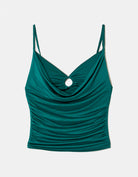 Tally Weijl green crop top, front view with cowl neckline, ring detail and ruched sides