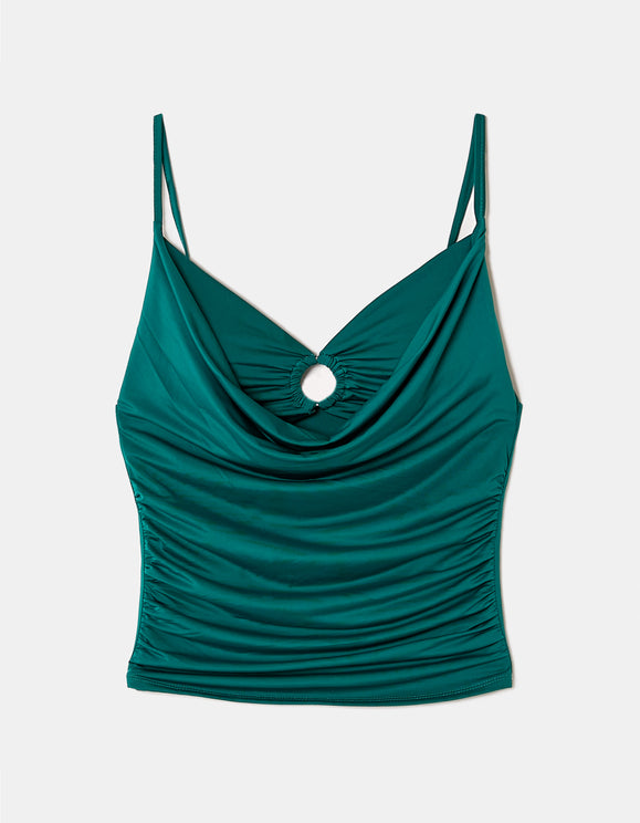Tally Weijl green crop top, front view with cowl neckline, ring detail and ruched sides