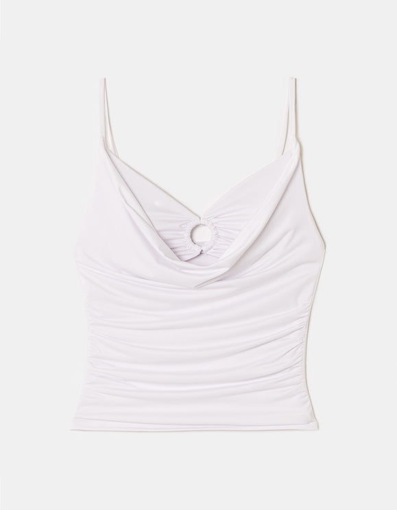 Tally Weijl white crop top front view with draped neckline and ring detail