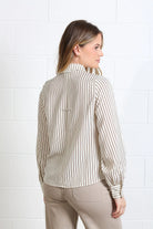 Rant & Rave Stella shirt in brown and white stripe, worn by model, back view
