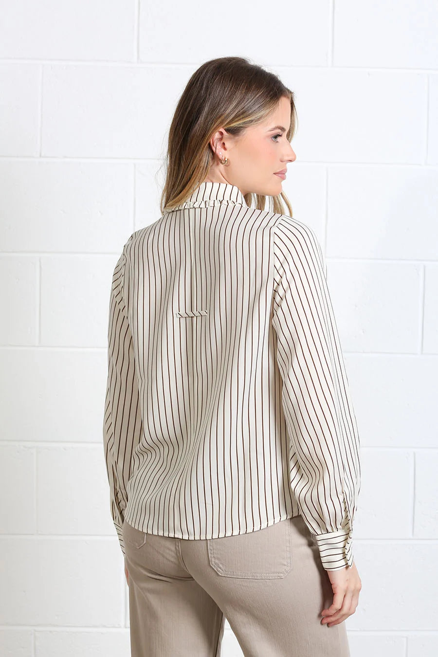 Rant & Rave Stella shirt in brown and white stripe, worn by model, back view