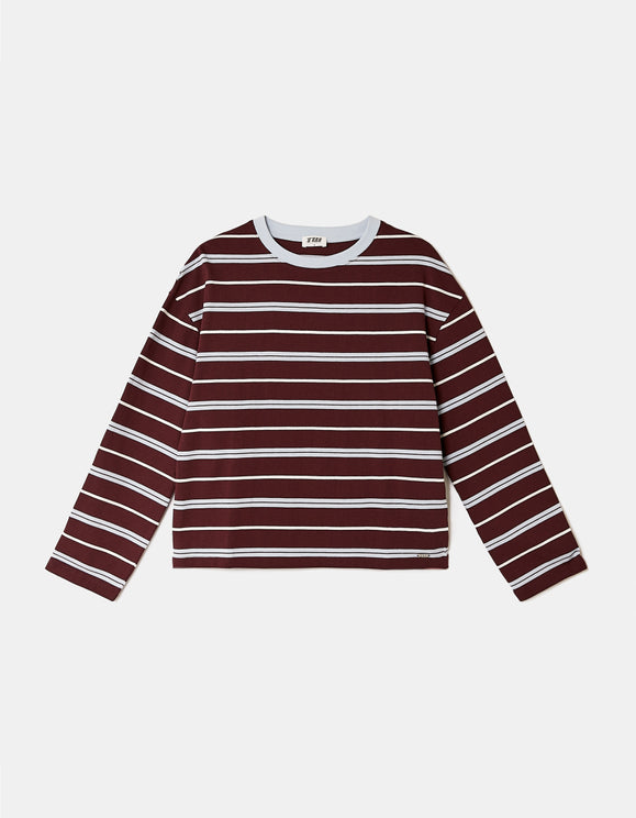 Tally Weijl Burgundy Striped T Shirt, front flat lay view