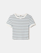Tally Weijl blue striped basic T shirt in white, blue and black, front view