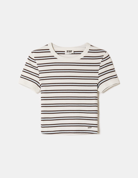 Tally Weijl white and brown striped T shirt, front view
