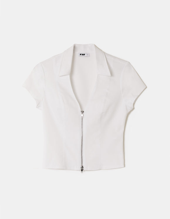 Tally Weijl White Zip Up Polo T Shirt, front flat lay view