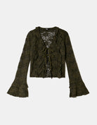 Tally Weijl khaki lace top in green, front view with tie - front closure and flared sleeves