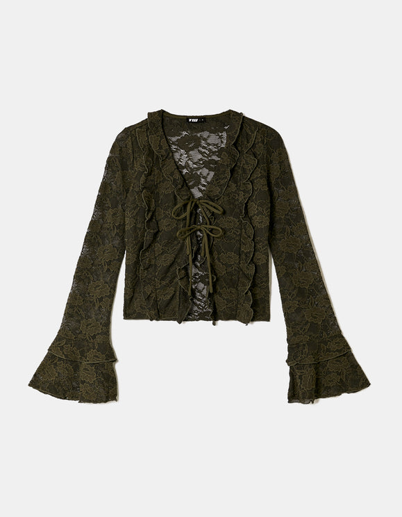 Tally Weijl khaki lace top in green, front view with tie - front closure and flared sleeves