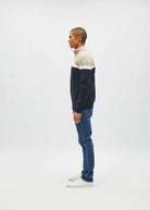 Diesel Tully Half Zip Sandshore sweater in sand, side model view showing colour - block panels.