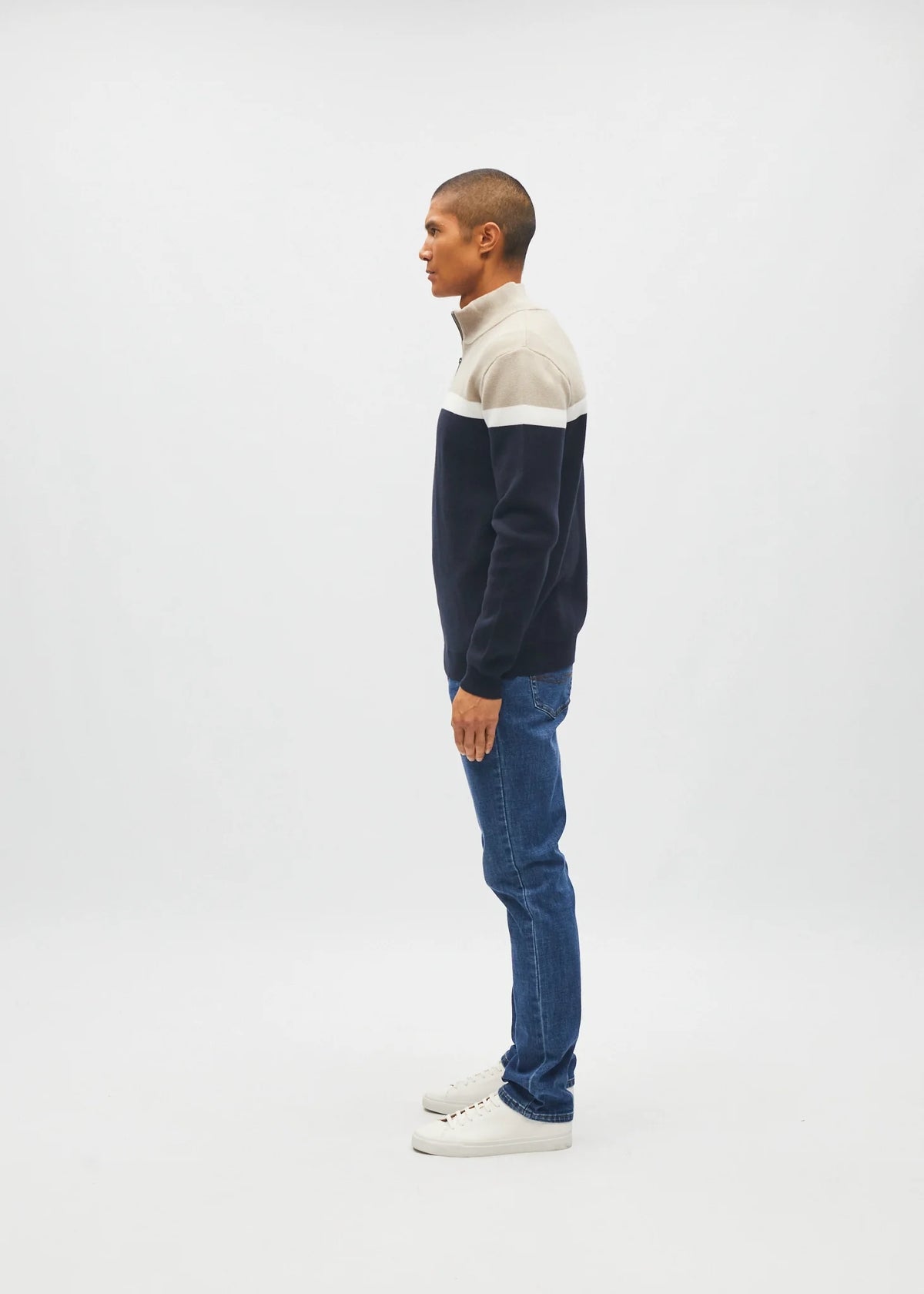 Diesel Tully Half Zip Sandshore sweater in sand, side model view showing colour - block panels.