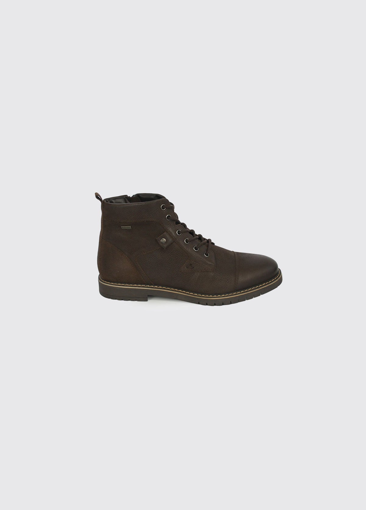 Dubarry Stetson men's boot in cigar, side view highlighting grained leather, side badge and lace - up front