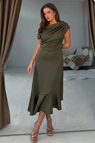 Girl In Mind Felicity asymmetric frill midi dress in khaki, side angled model view