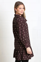 Rant & Rave Annabelle brown polka dot dress, upper back detail view
