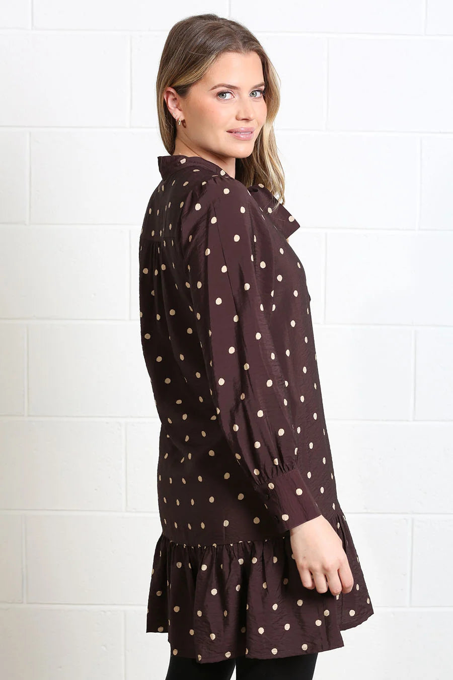 Rant & Rave Annabelle brown polka dot dress, upper back detail view
