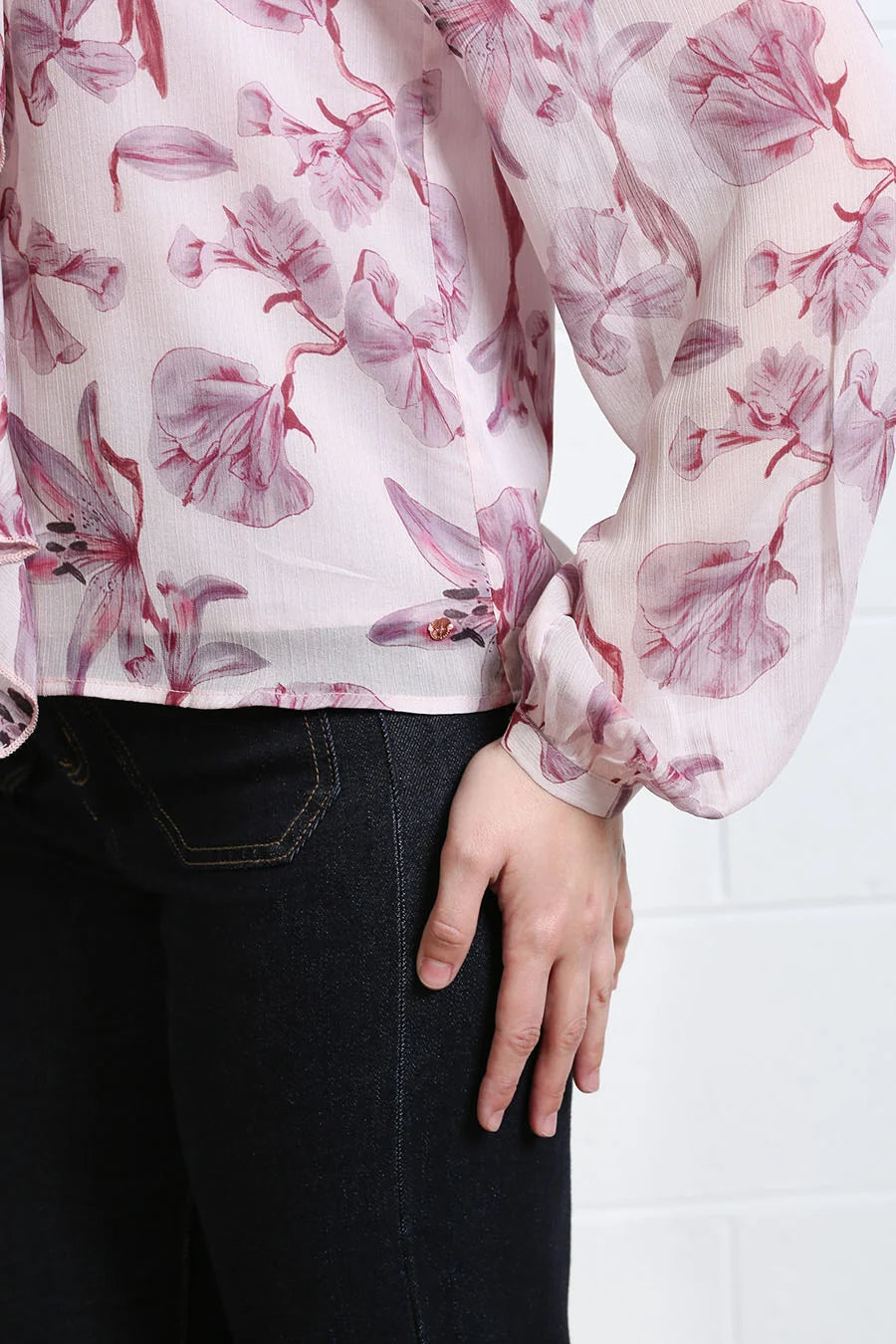Rant & Rave Anna Frill Top in blush, sleeve and floral fabric detail